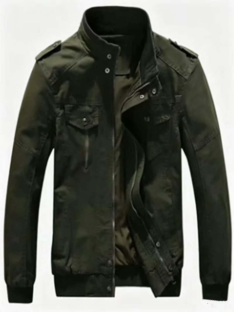 Herren Militärisch inspirierte Canvas-Übergangsjacke mit Stehkragen und Epauletten Drune