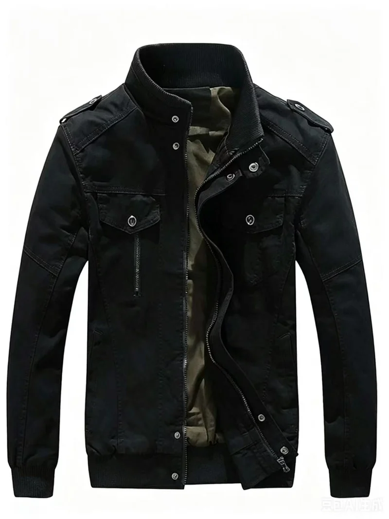 Herren Militärisch inspirierte Canvas-Übergangsjacke mit Stehkragen und Epauletten Drune