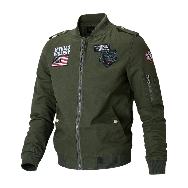 Herren Militärinspirierte Bomberjacke mit Abzeichen, Ärmeltasche und gerippten Bündchen Drune