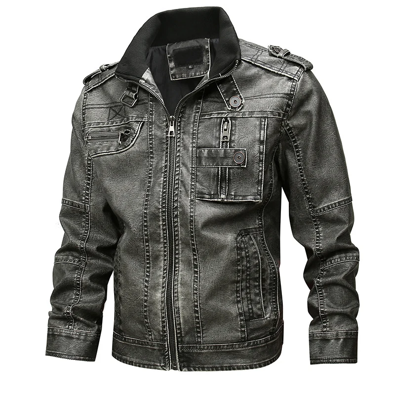 Herren Lässige Kunstleder-Bikerjacke mit Stehkragen, Reißverschluss-Front und Utility-Taschen Drune