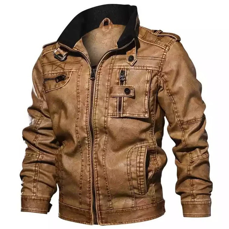 Herren Lässige Kunstleder-Bikerjacke mit Stehkragen, Reißverschluss-Front und Utility-Taschen Drune