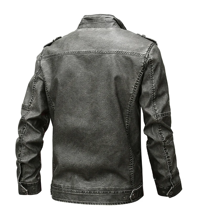 Herren Lässige Kunstleder-Bikerjacke mit Stehkragen, Reißverschluss-Front und Utility-Taschen Drune