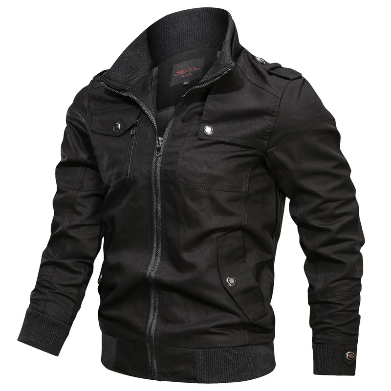 Herren Kurzjacke im Military-Stil mit Reißverschluss, Rippkragen und Schulterklappen Drune
