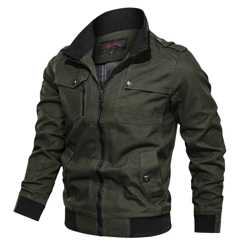 Herren Kurzjacke im Military-Stil mit Reißverschluss, Rippkragen und Schulterklappen Drune
