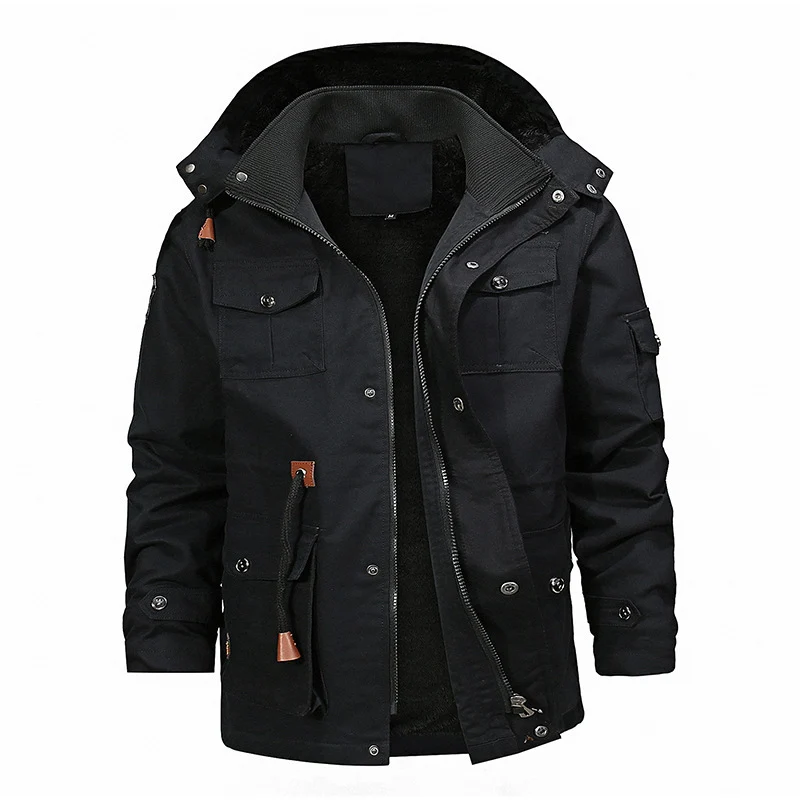 Herren Gefütterte Winterparka mit Teddy-Fleece-Innenfutter, Kapuze und Multifunktionstaschen Drune