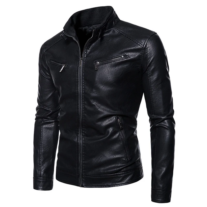 Herren Figurbetonte Kunstleder-Bikerjacke mit Stehkragen und Reißverschlusstaschen Drune