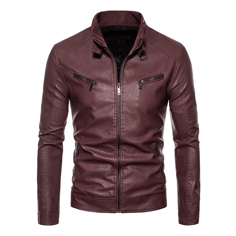 Herren Figurbetonte Kunstleder-Bikerjacke mit Stehkragen und Reißverschlusstaschen Drune