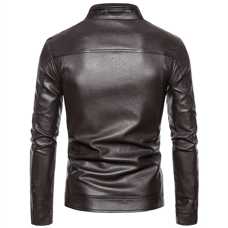Herren Figurbetonte Kunstleder-Bikerjacke mit Stehkragen und Reißverschlusstaschen Drune
