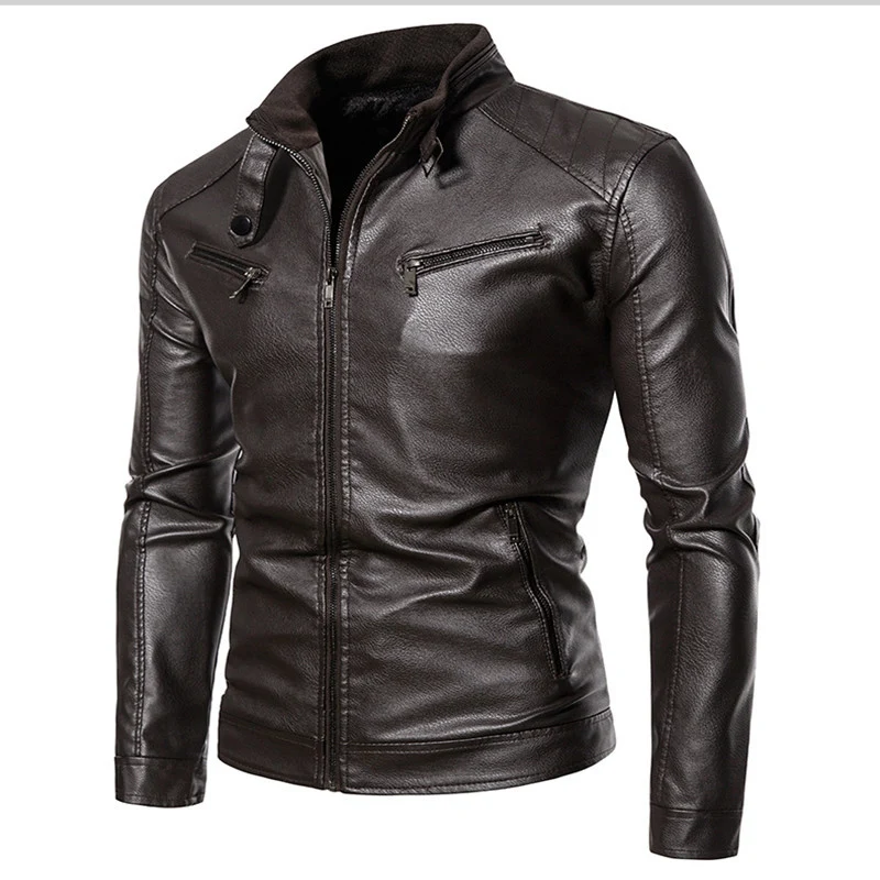 Herren Figurbetonte Kunstleder-Bikerjacke mit Stehkragen und Reißverschlusstaschen Drune