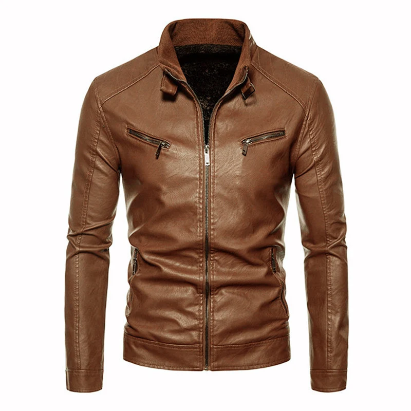 Herren Figurbetonte Kunstleder-Bikerjacke mit Stehkragen und Reißverschlusstaschen Drune