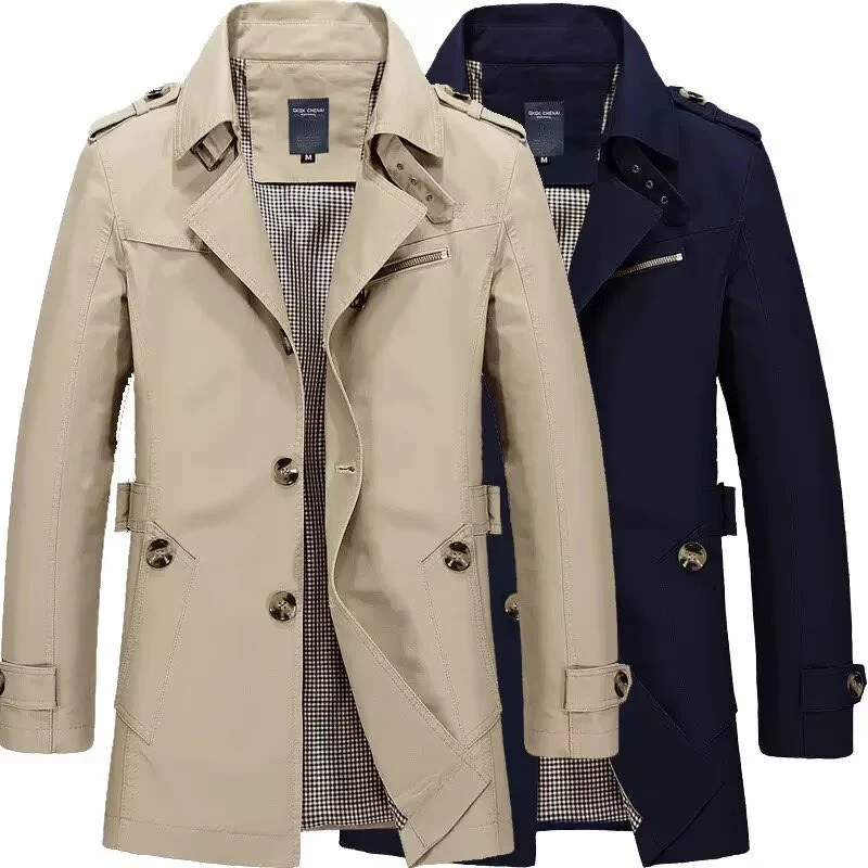 Herren Doppelreihiger Trenchcoat mit Epauletten und karierter Innenseite Drune