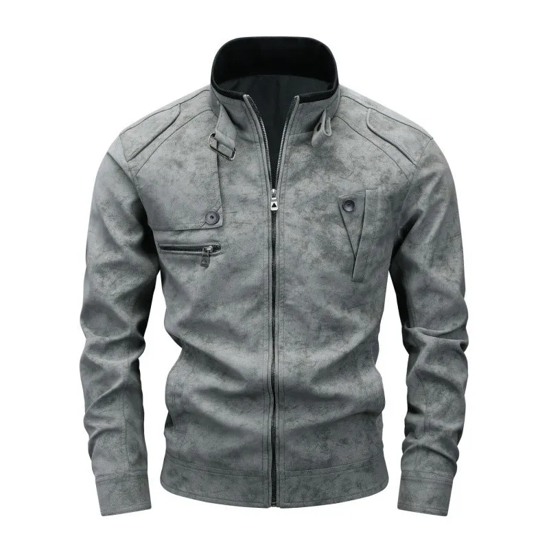 Herren Bikerjacke aus Lederimitat mit Stehkragen und modischen Brusttaschen Drune