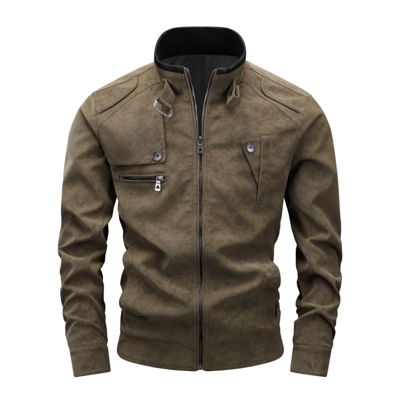 Herren Bikerjacke aus Lederimitat mit Stehkragen und modischen Brusttaschen Drune
