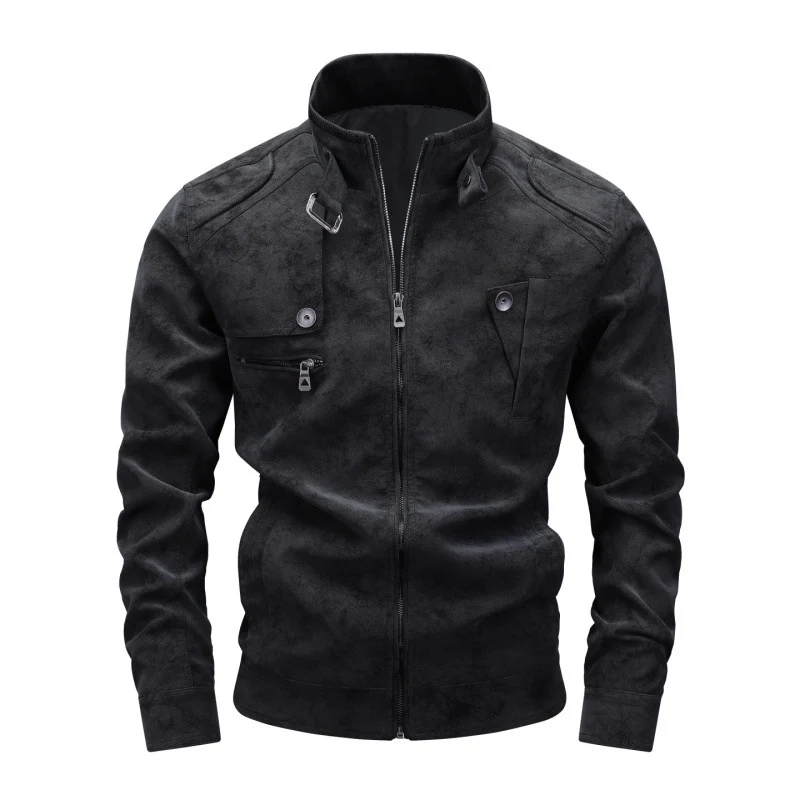 Herren Bikerjacke aus Lederimitat mit Stehkragen und modischen Brusttaschen Drune