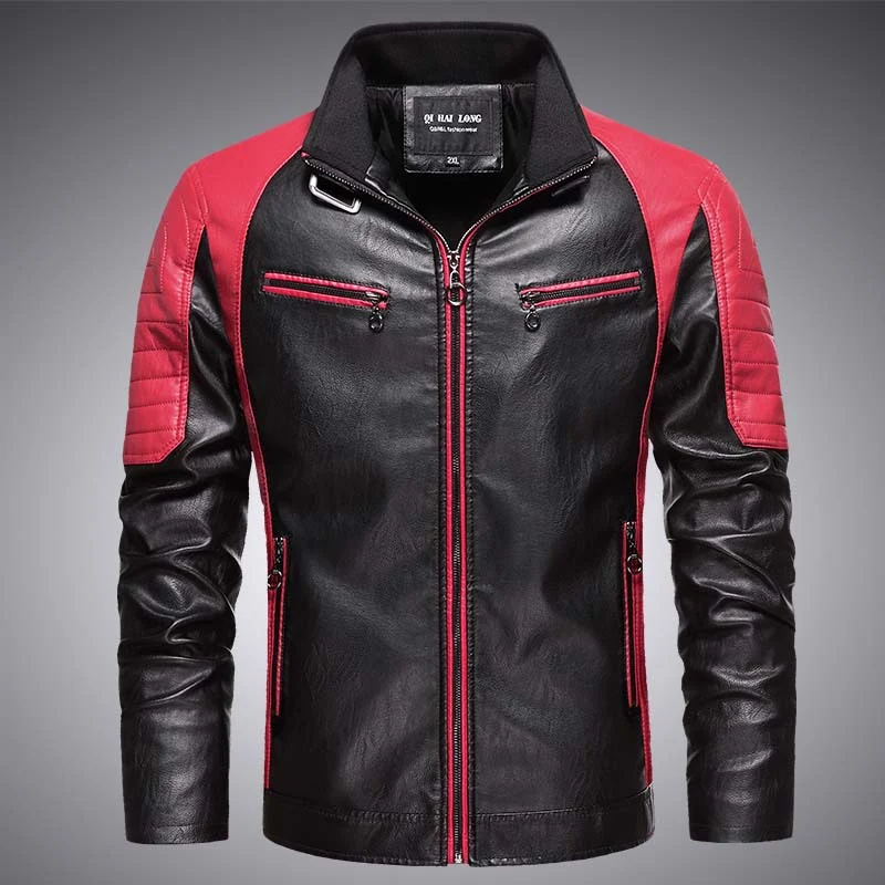Herren Biker-Lederimitatjacke im Racing-Stil mit Stehkragen und Reißverschlusstaschen Drune