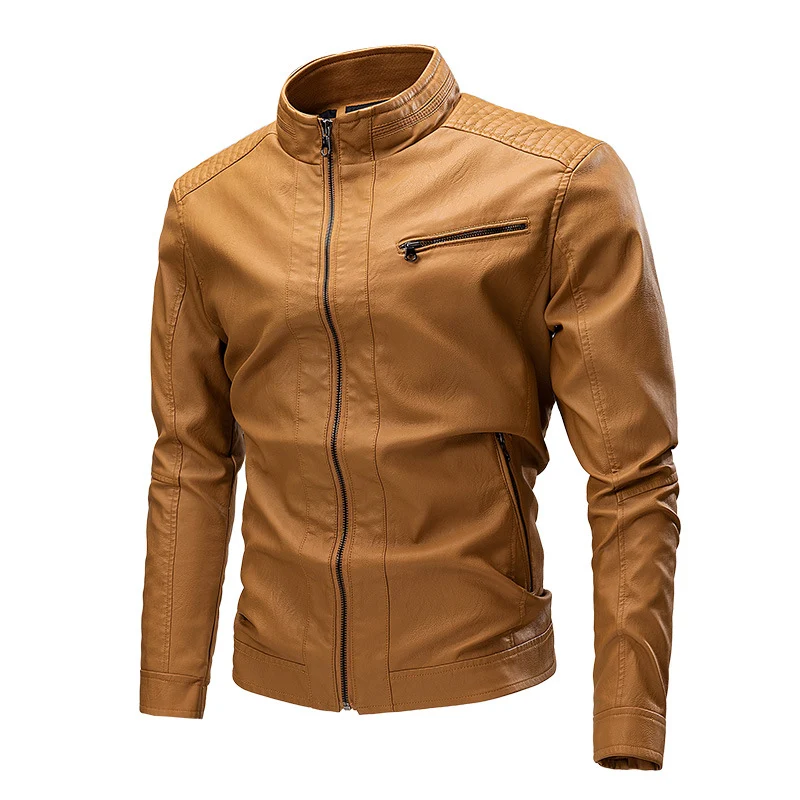 Herren Biker-Lederimitatjacke im Racing-Stil mit Stehkragen und Reißverschlusstaschen Drune