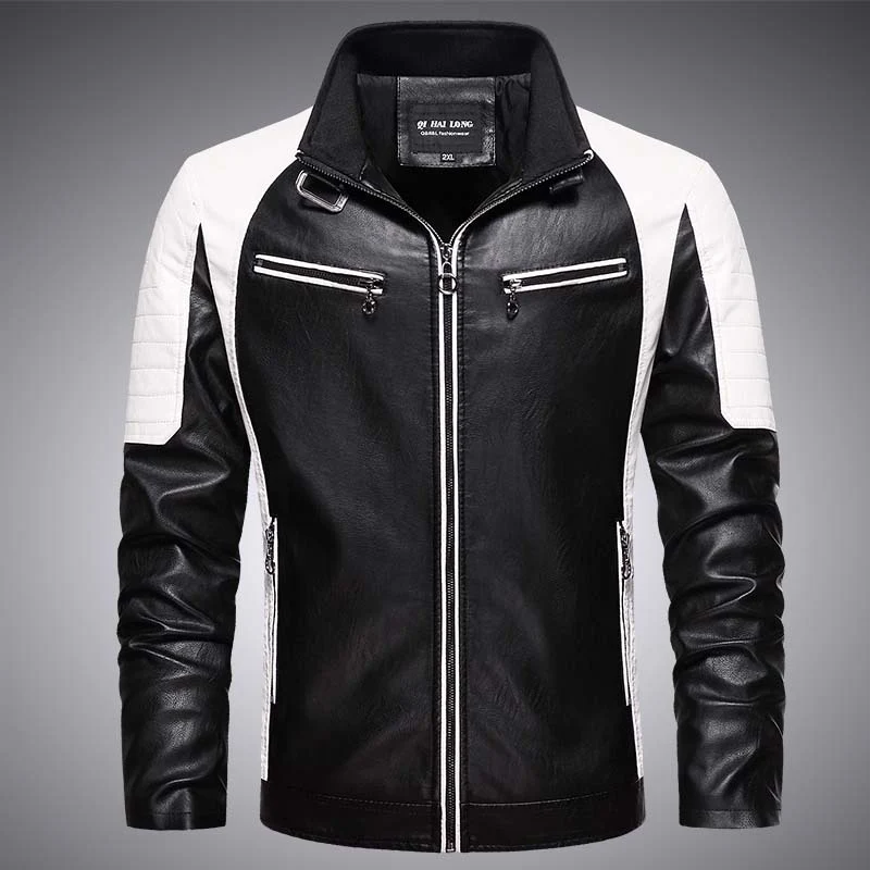 Herren Biker-Lederimitatjacke im Racing-Stil mit Stehkragen und Reißverschlusstaschen Drune