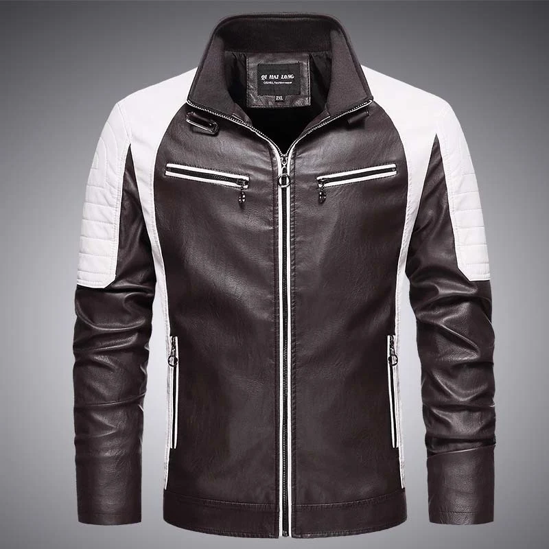 Herren Biker-Lederimitatjacke im Racing-Stil mit Stehkragen und Reißverschlusstaschen Drune