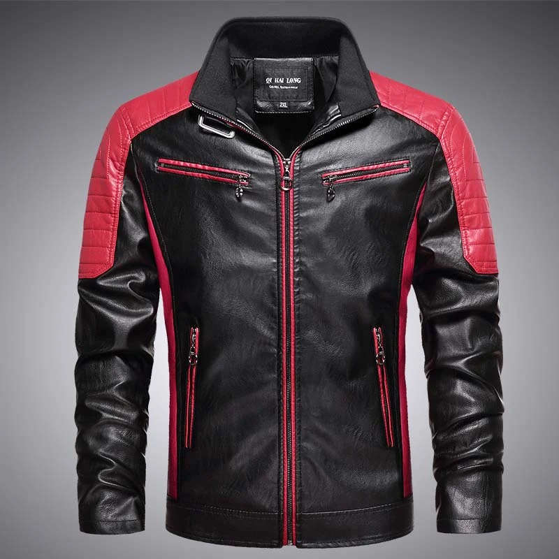 Herren Biker-Lederimitatjacke im Racing-Stil mit Stehkragen und Reißverschlusstaschen Drune