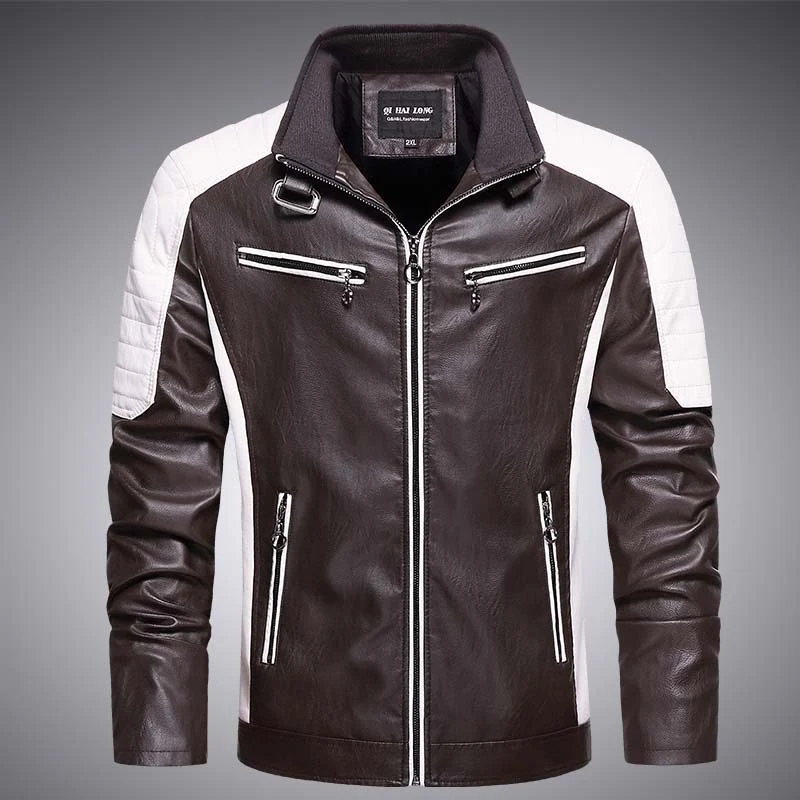 Herren Biker-Lederimitatjacke im Racing-Stil mit Stehkragen und Reißverschlusstaschen Drune