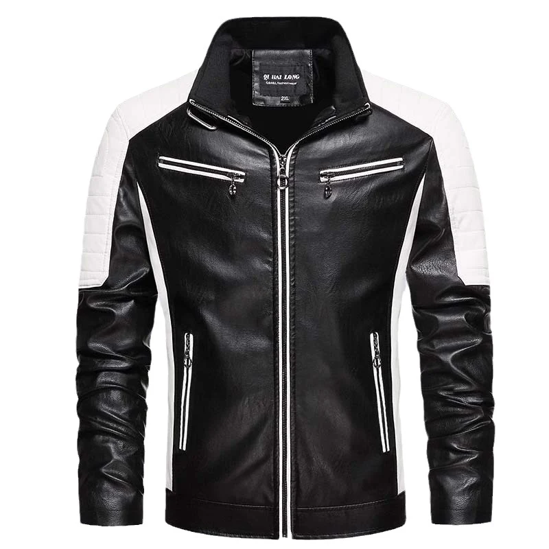 Herren Biker-Lederimitatjacke im Racing-Stil mit Stehkragen und Reißverschlusstaschen Drune