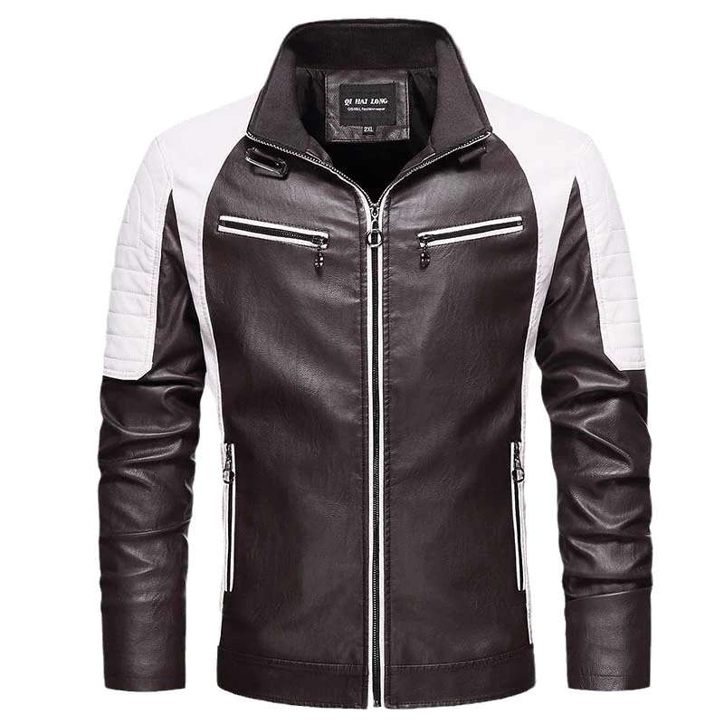Herren Biker-Lederimitatjacke im Racing-Stil mit Stehkragen und Reißverschlusstaschen Drune