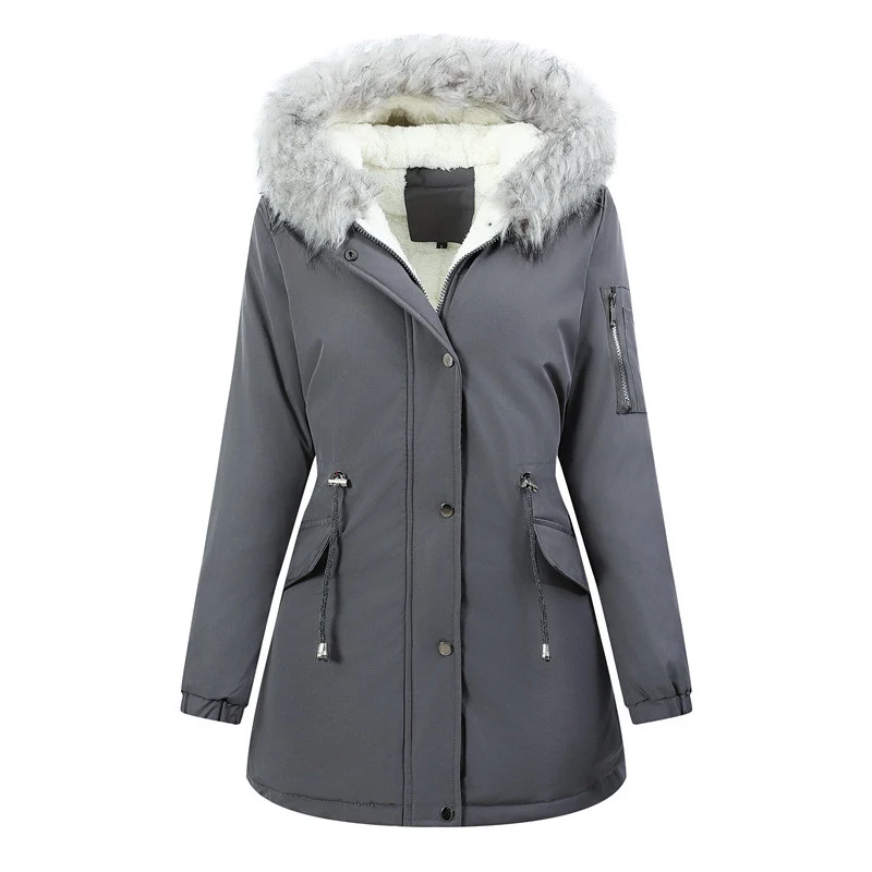 Damen Winterparka mit abnehmbarer Kunstfellkapuze und taillierender Kordelzug Drune