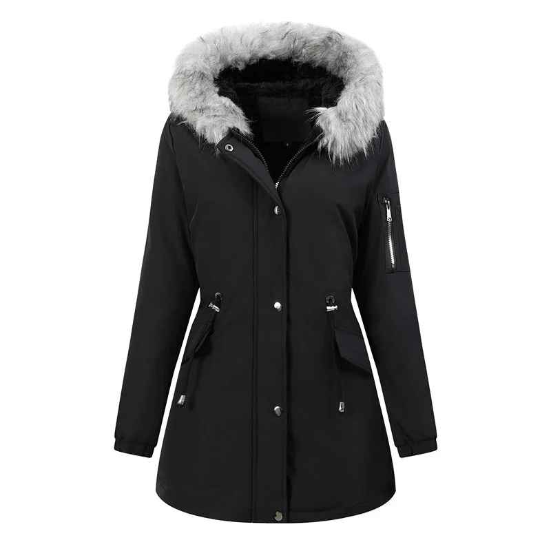 Damen Winterparka mit abnehmbarer Kunstfellkapuze und taillierender Kordelzug Drune