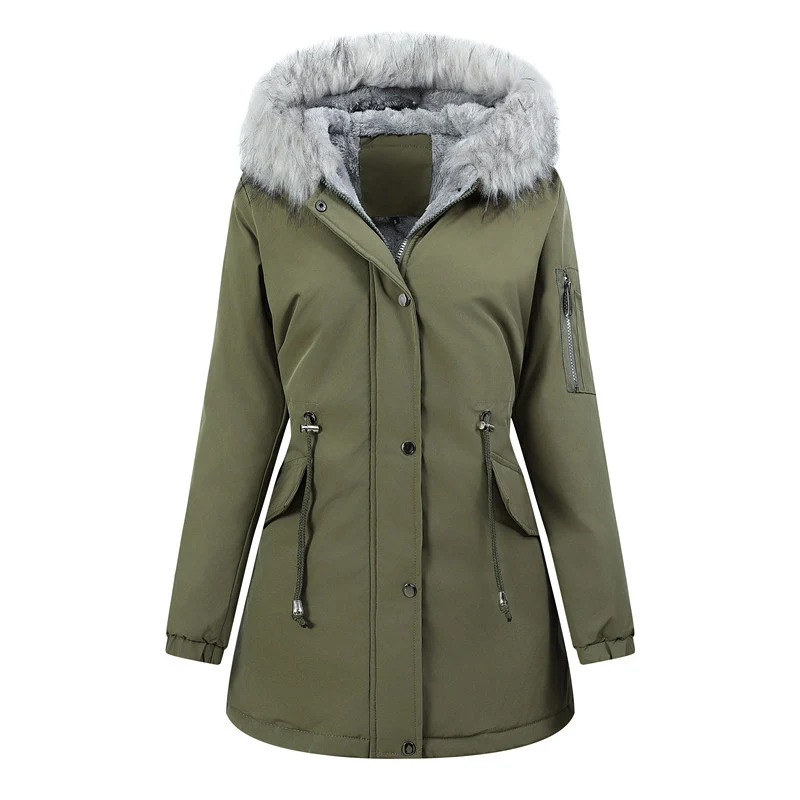Damen Winterparka mit abnehmbarer Kunstfellkapuze und taillierender Kordelzug Drune