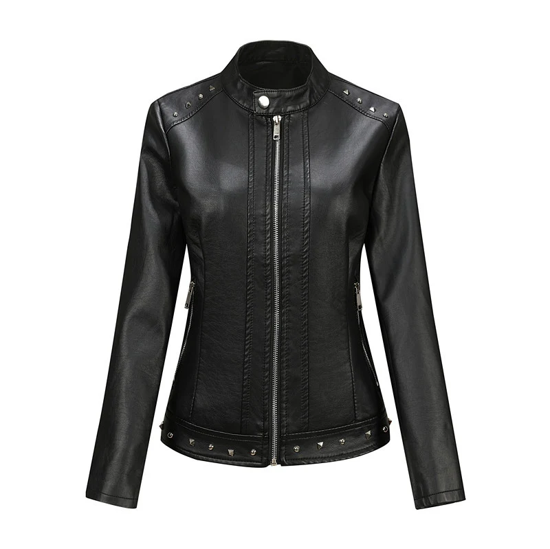 Damen Bikerjacke aus Lederimitat mit Nietenverzierung und tailliertem Schnitt Drune