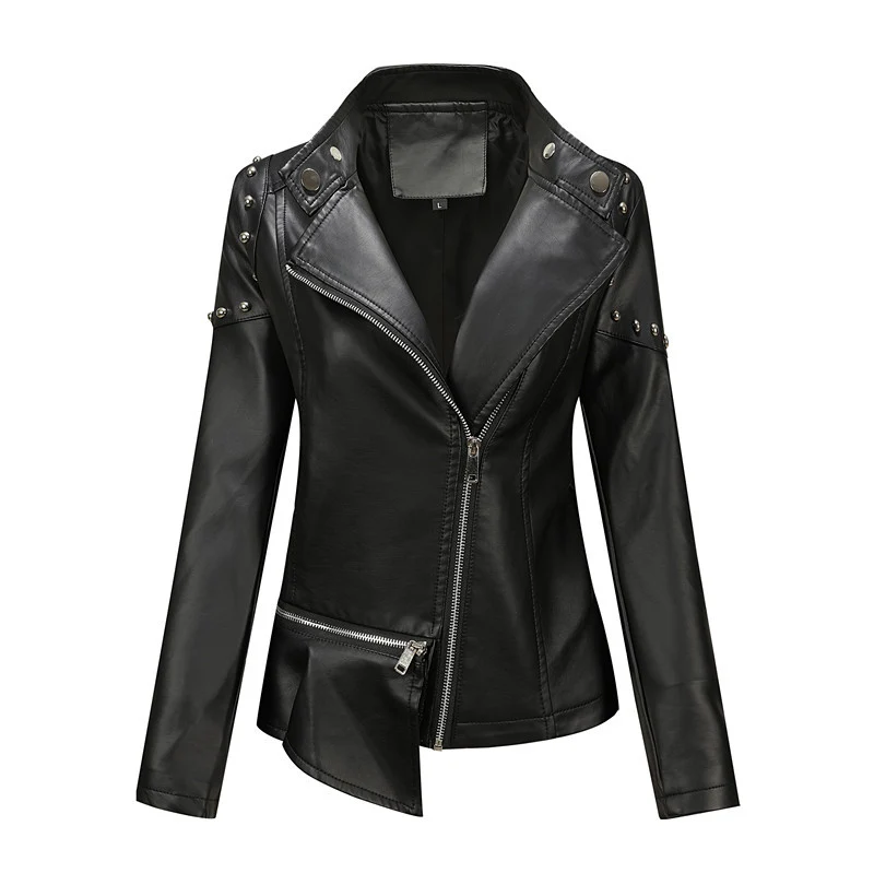 Damen Asymmetrische Bikerjacke aus Kunstleder mit Nietenbesatz und tailliertem Schnitt Drune