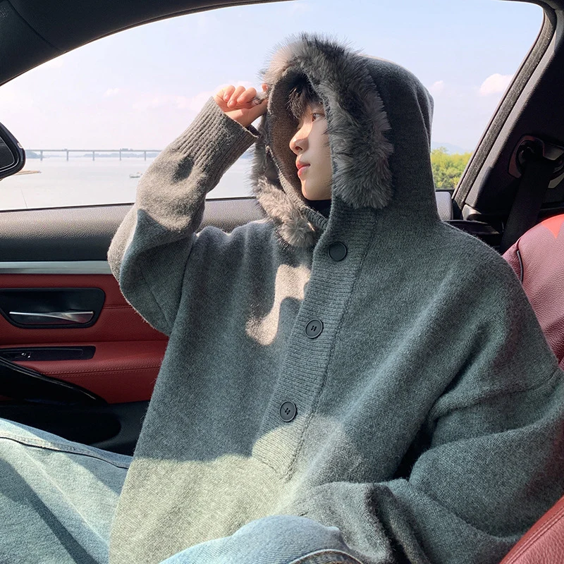 Damen Oversized Hoodie mit Kapuze und Fellrand Drune