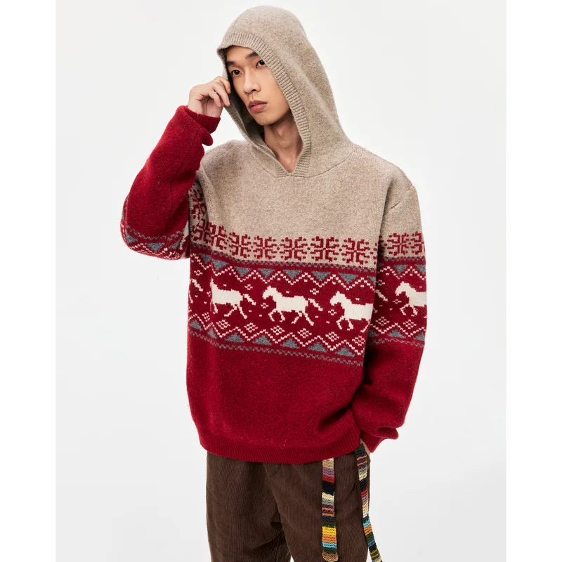 Damen Gemütlicher Grobstrickpullover mit Kapuze und Pferdemotiv Drune