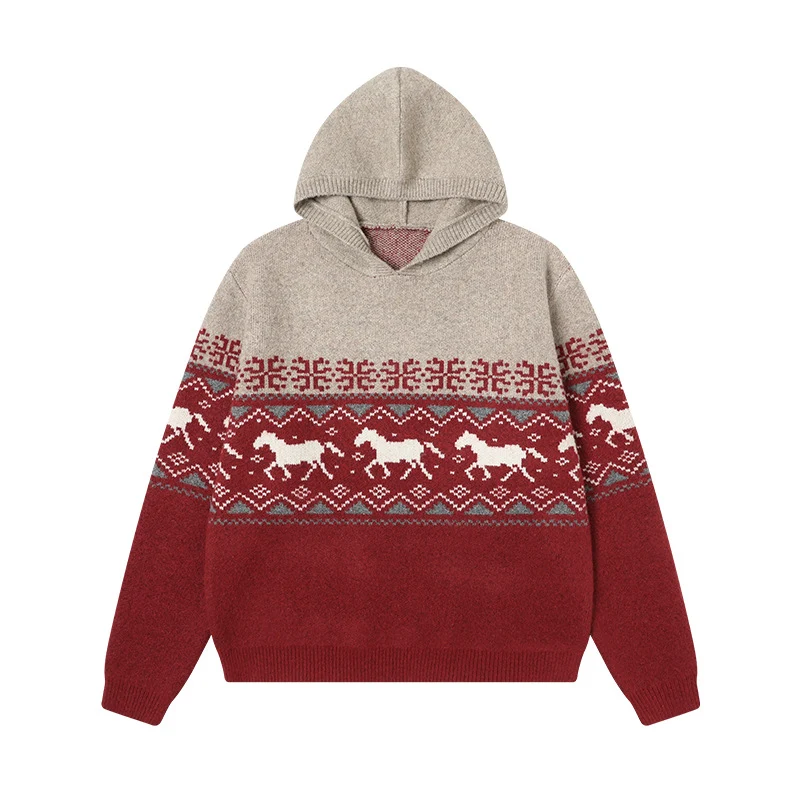 Damen Gemütlicher Grobstrickpullover mit Kapuze und Pferdemotiv Drune