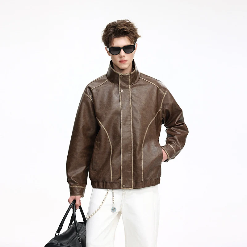 Herren Lederjacke im Vintage-Bomberstil mit Stehkragen Drune