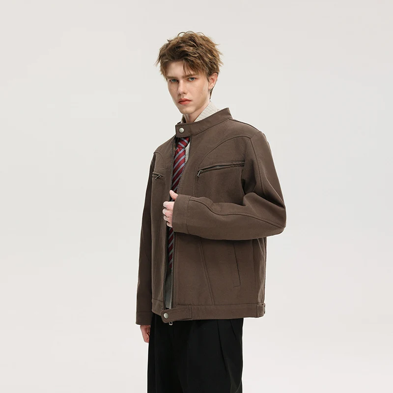 Herren Lässige Utility‑Jacke mit Stehkragen, Reißverschluss und Brusttaschen Drune