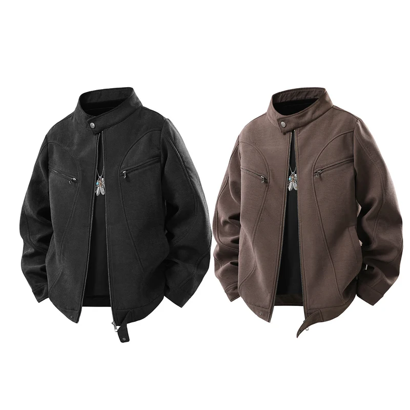 Herren Lässige Utility‑Jacke mit Stehkragen, Reißverschluss und Brusttaschen Drune