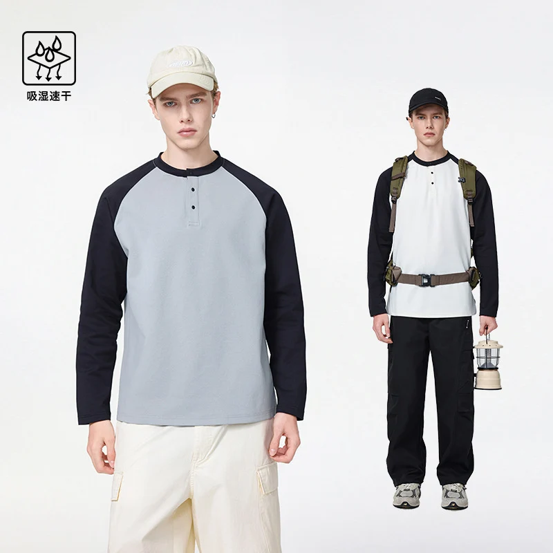 Herren Langarm-Henley-Sweatshirt mit Raglanärmeln, Relaxed-Fit und Knopfleiste Drune