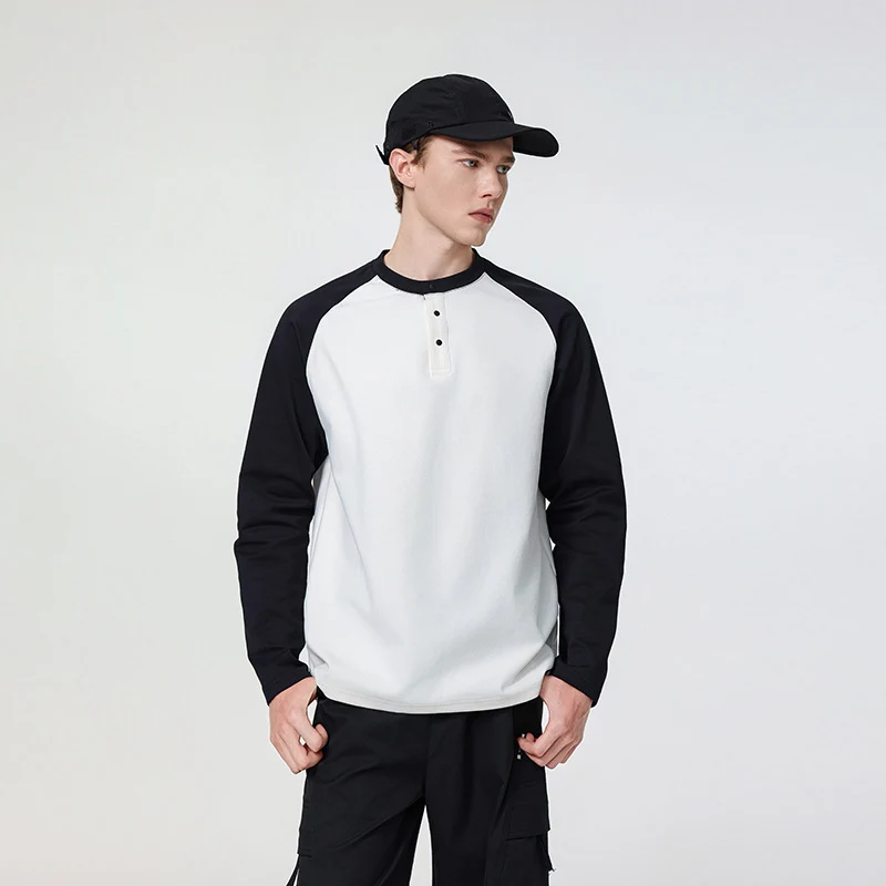 Herren Langarm-Henley-Sweatshirt mit Raglanärmeln, Relaxed-Fit und Knopfleiste Drune
