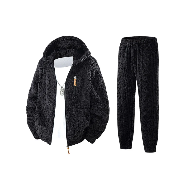 Herren Kuscheliges Sherpa-Fleece Set mit Kapuzenjacke und Strick‑Optik Jogginghose Drune