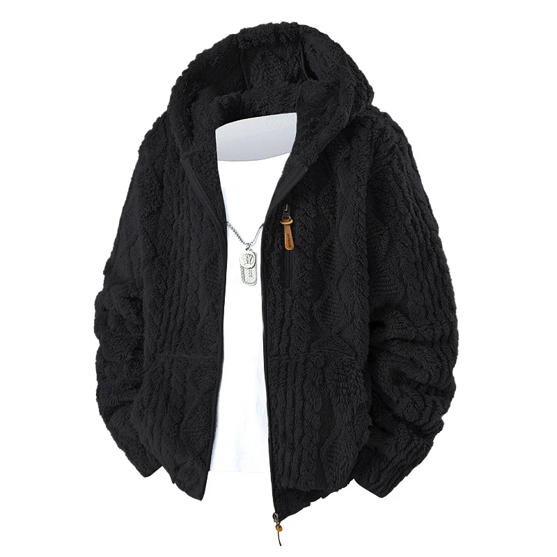 Herren Kuschelige Teddy-Fleece Kapuzenjacke mit durchgehendem Reißverschluss und Brusttasche Drune