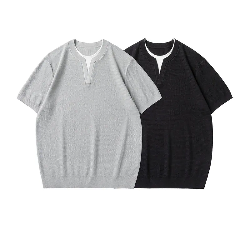 Herren Kurzarm-Strickshirt mit strukturierter Waffeloptik und V-Notch-Kragen Drune