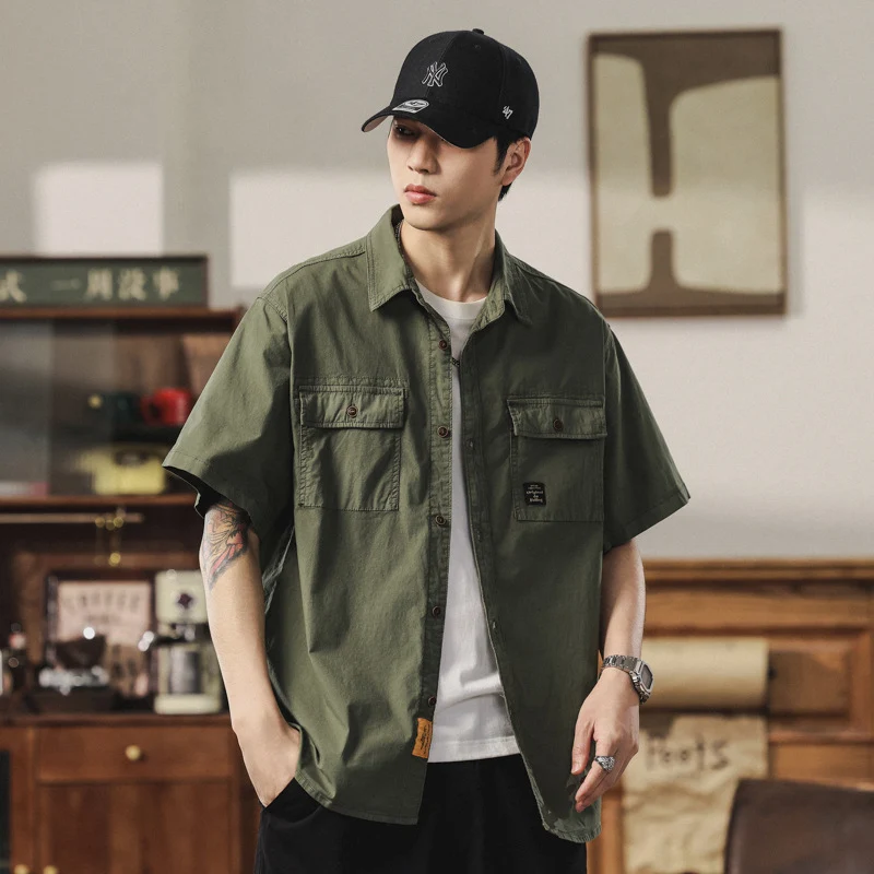 Herren Kurzarm-Fieldshirt im Overshirt-Look mit doppelten Brustklappen, verstärkten Nähten und gerundetem Saum Drune
