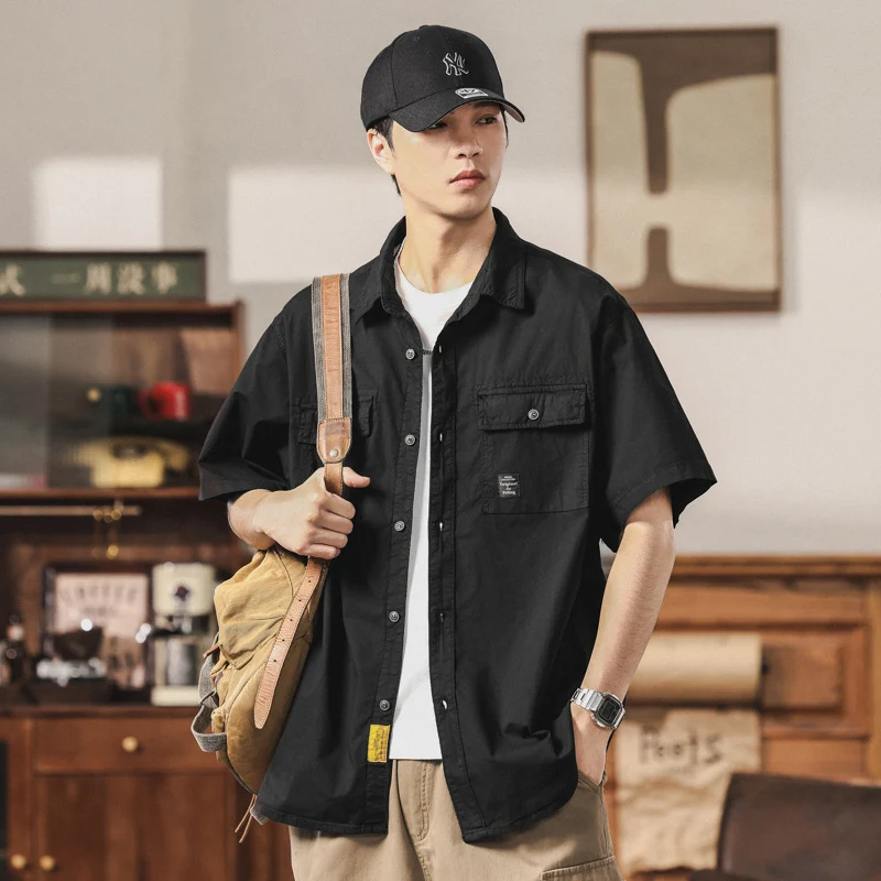 Herren Kurzarm-Fieldshirt im Overshirt-Look mit doppelten Brustklappen, verstärkten Nähten und gerundetem Saum Drune