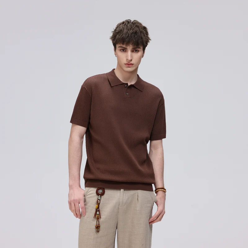 Herren Kurzarm-Feinstrick-Poloshirt mit Strukturstrick und luftiger Perforation Drune
