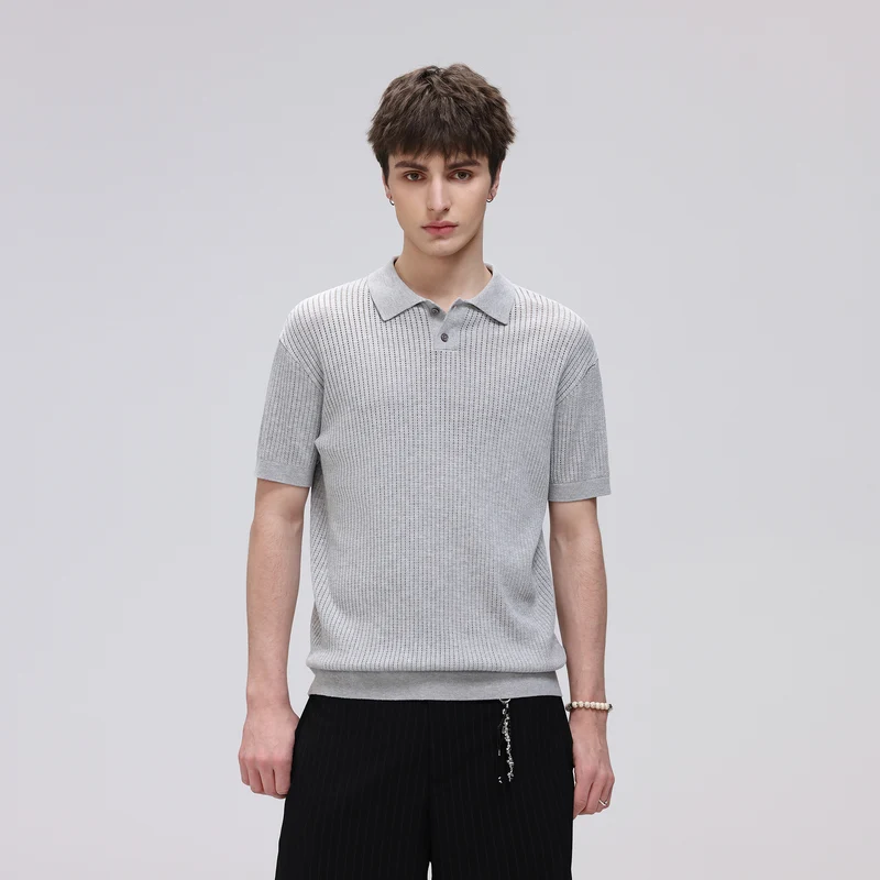 Herren Kurzarm-Feinstrick-Poloshirt mit Strukturstrick und luftiger Perforation Drune