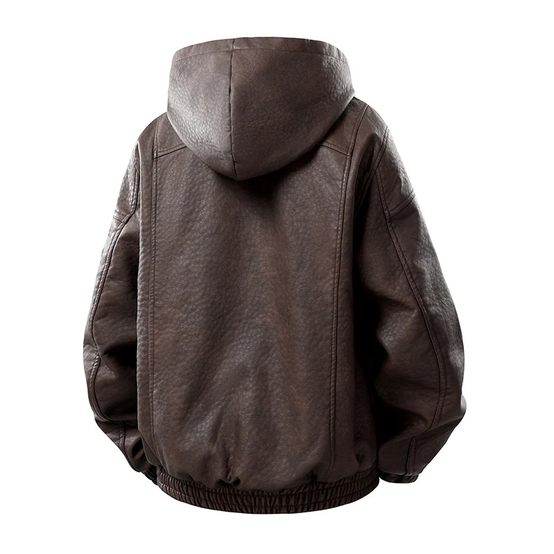 Herren Kunstleder-Bomberjacke mit Teddyfutter, Kapuze und Utility-Ärmeltasche Drune