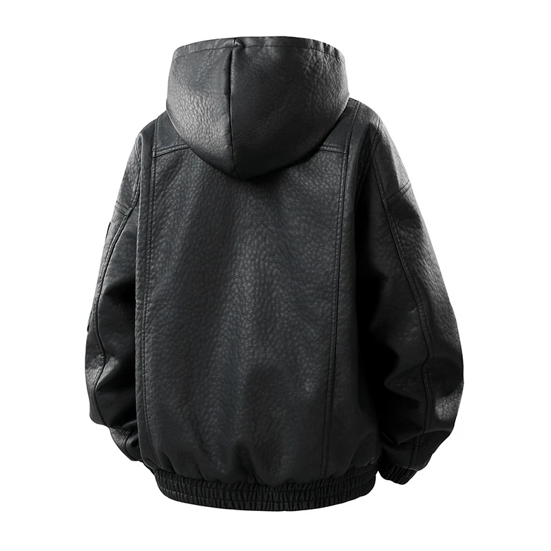 Herren Kunstleder-Bomberjacke mit Teddyfutter, Kapuze und Utility-Ärmeltasche Drune