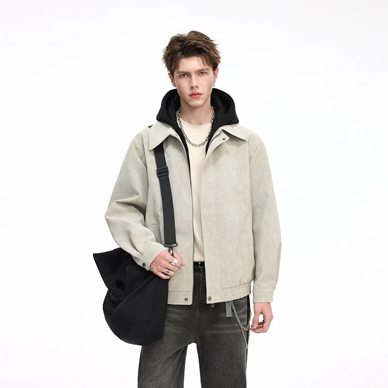 Herren Kunstleder-Blouson mit abnehmbarer Kapuze, verdecktem Reißverschluss und elastischem Saum Drune