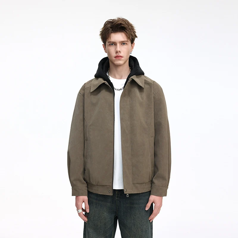 Herren Kunstleder-Blouson mit abnehmbarer Kapuze, verdecktem Reißverschluss und elastischem Saum Drune